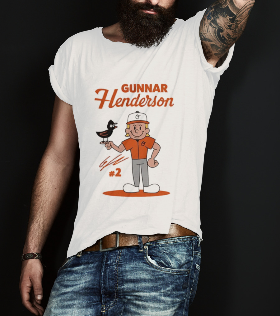 Gunnar Henderson Baltimore Orioles MLB Player Cartoon Character With Bird And Number 2 T-Shirt