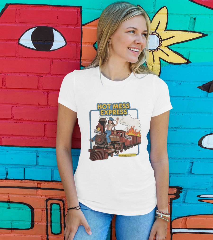 Hot Mess Express All Aboard Poor Decisions Cosmic Studio Vintage Train Cartoon T-Shirt