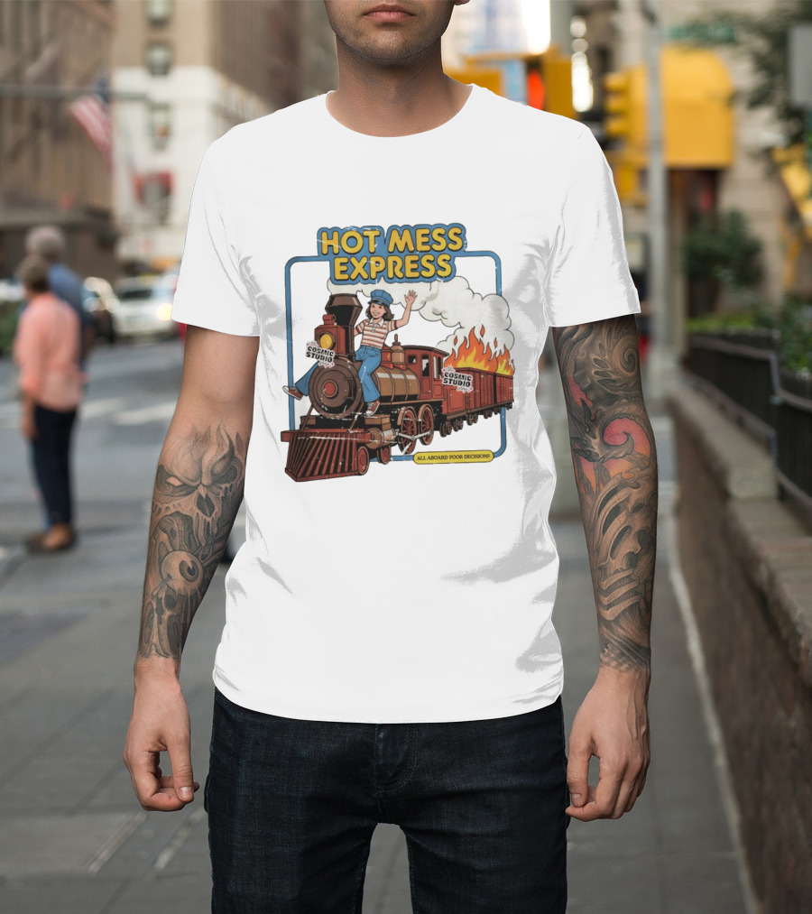 Hot Mess Express All Aboard Poor Decisions Cosmic Studio Vintage Train Cartoon T-Shirt