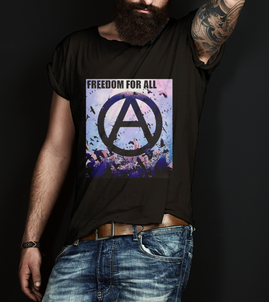 FdA IFA Freedom For All Anarchy Symbol With Birds And City Skyline T-Shirt