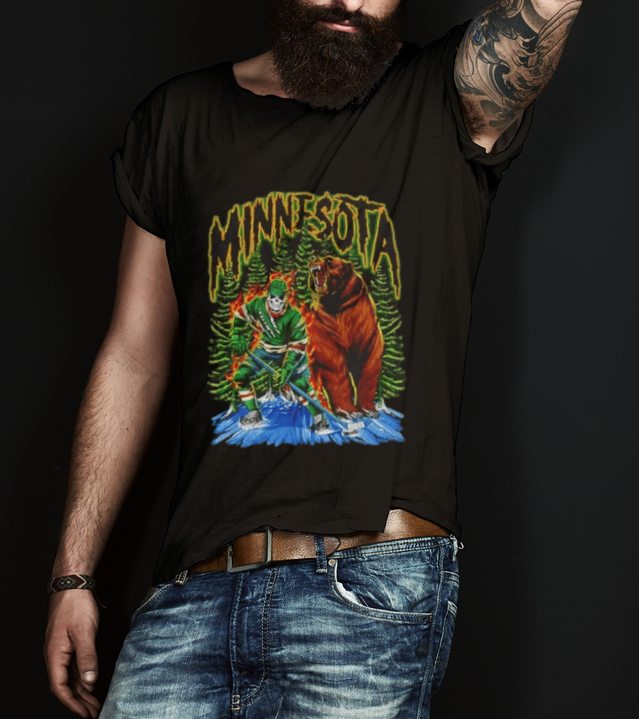Minnesota Wild Hockey Skeleton Bear Forest Fire T-Shirt