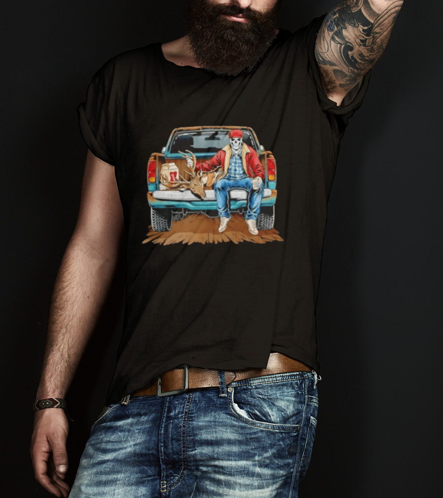 Skeleton Cowboy With Deer Antlers Truck Scene T-Shirt