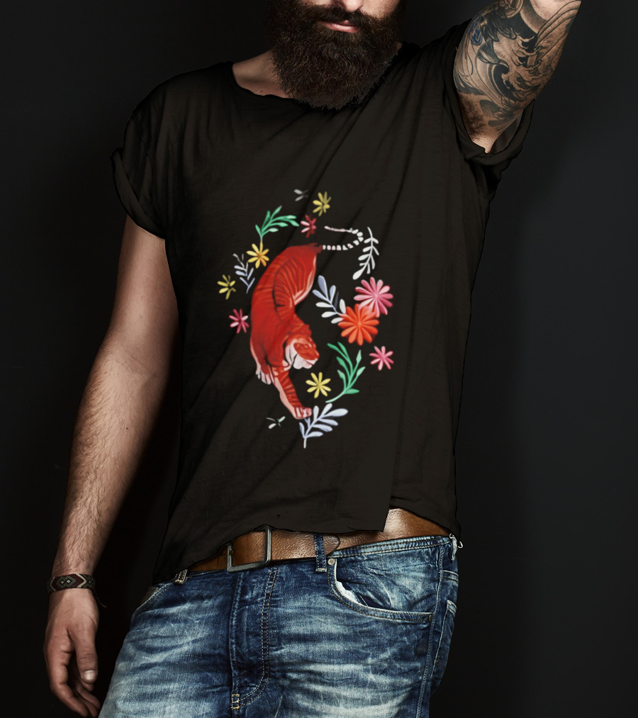 Todd Herzog Bengal Tiger Floral Motif With Vibrant Blooming Flowers T-Shirt
