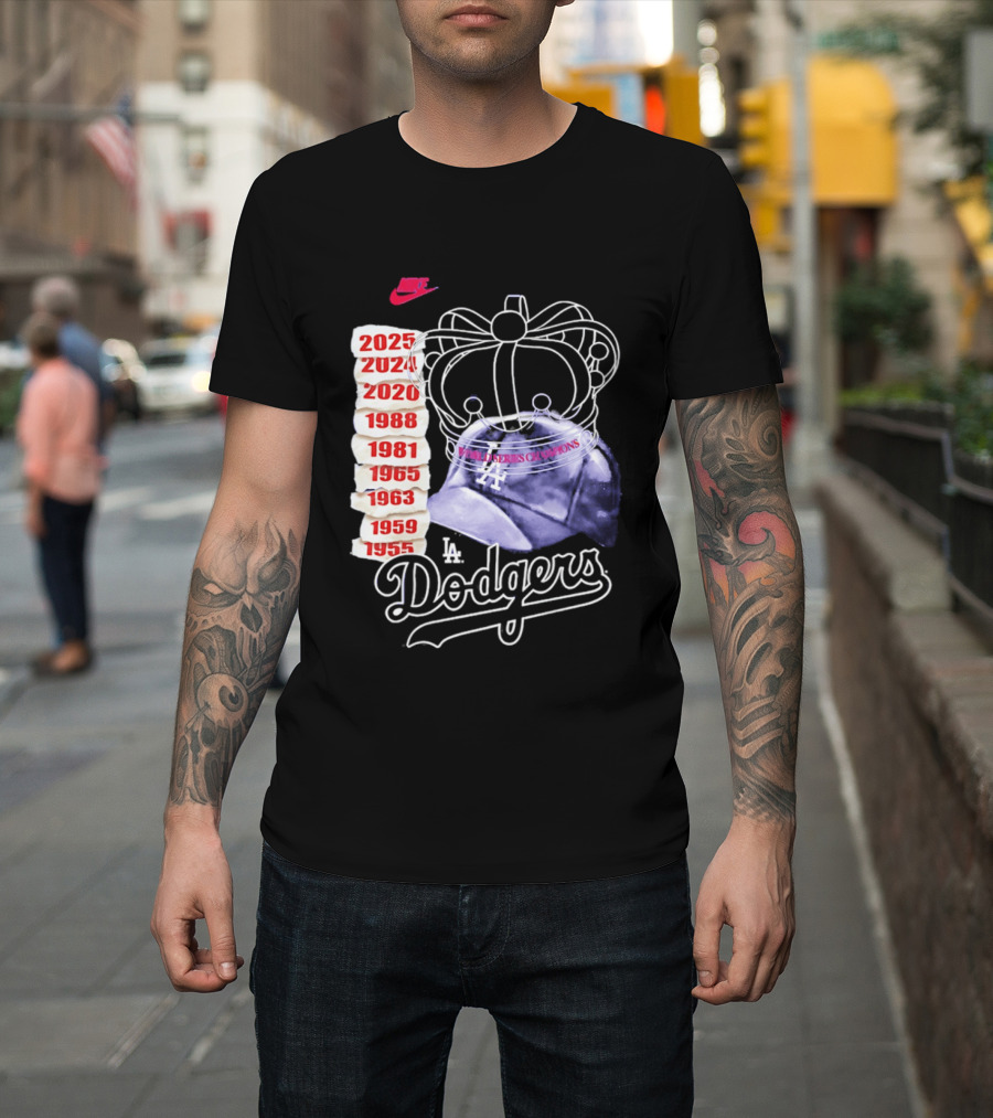 Los Angeles Dodgers 9x World Series Champions Crown And Cap 1955 2025 T-Shirt