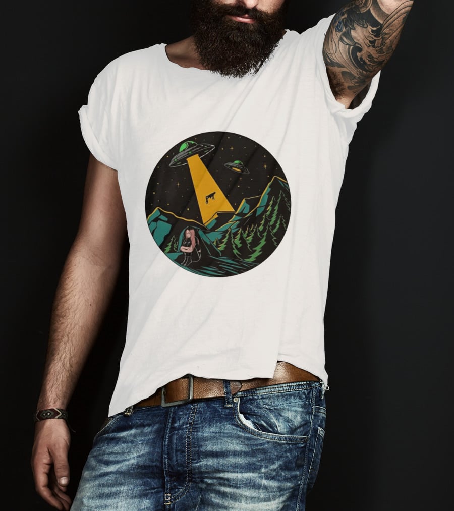 UFOs Aliens Abduction Night Sky Mountains Forest Trees Stars Beam T-Shirt