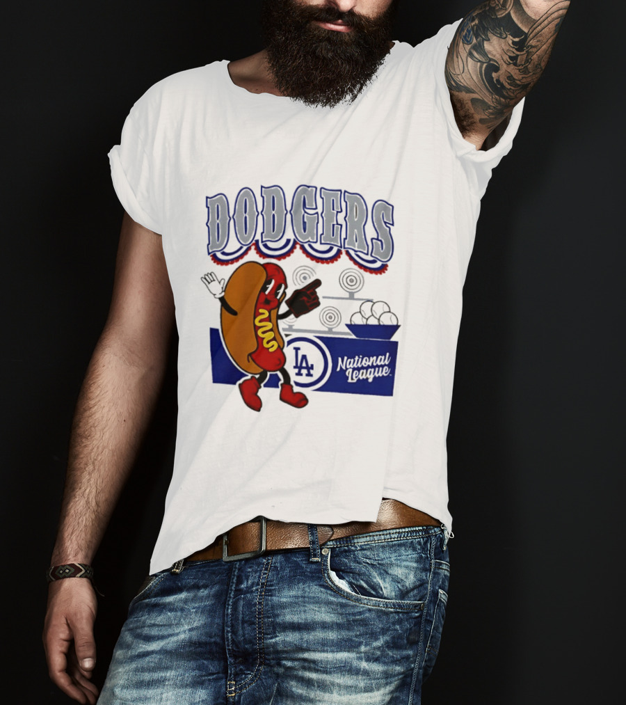 Cartoon Hot Dog Dodgers LA National League Baseball T-Shirt