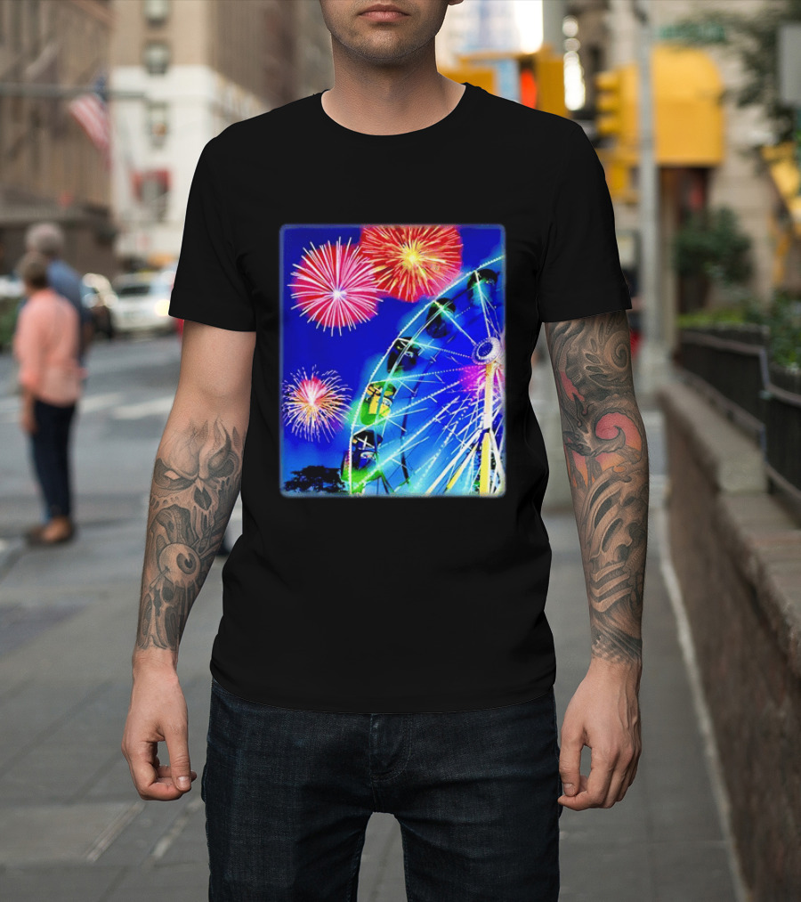 Ferris Wheel Fireworks Night Display Blue Sky T-Shirt