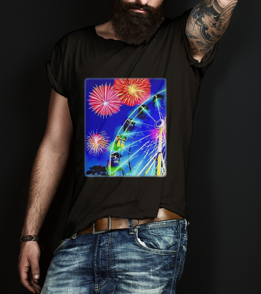 Ferris Wheel Fireworks Night Display Blue Sky T-Shirt