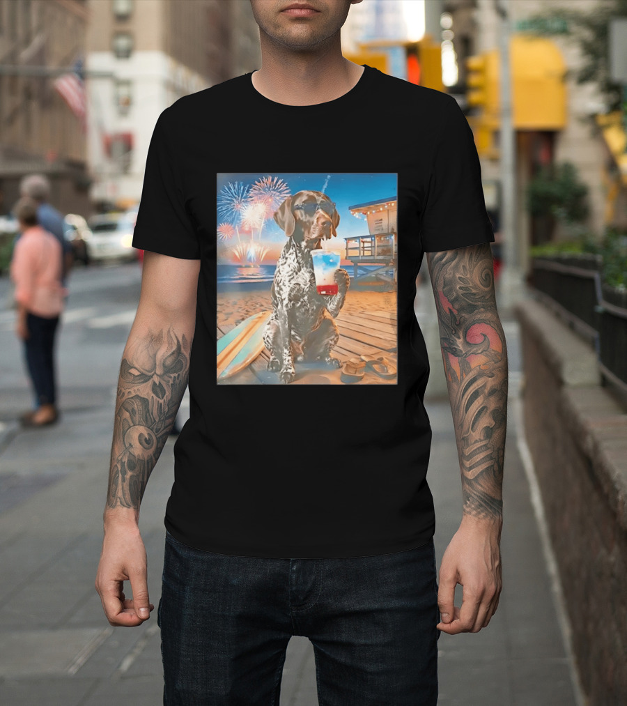 German Shorthaired Pointer Fourth Of July Fireworks Beach Party Surfboard Scene T-Shirt