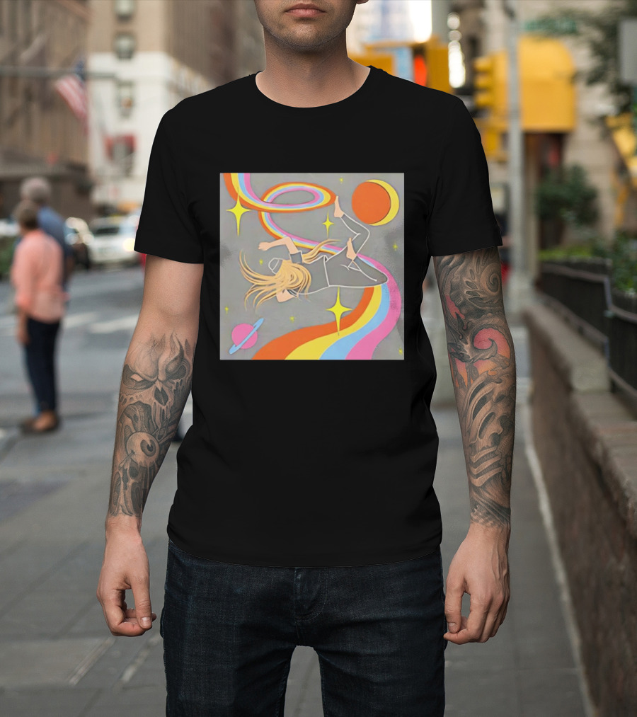 Rainbow Swirl Stars Crescent Moon Planet Orbit Cosmos Night Galaxy T-Shirt