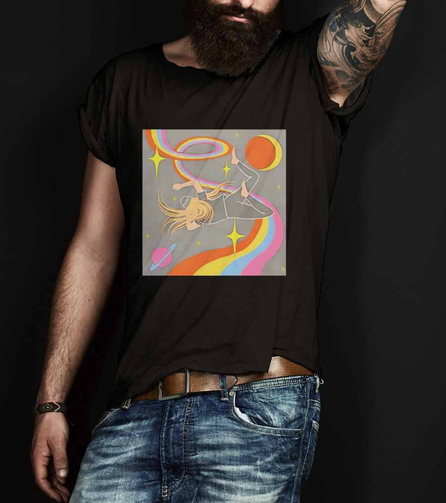 Rainbow Swirl Stars Crescent Moon Planet Orbit Cosmos Night Galaxy T-Shirt
