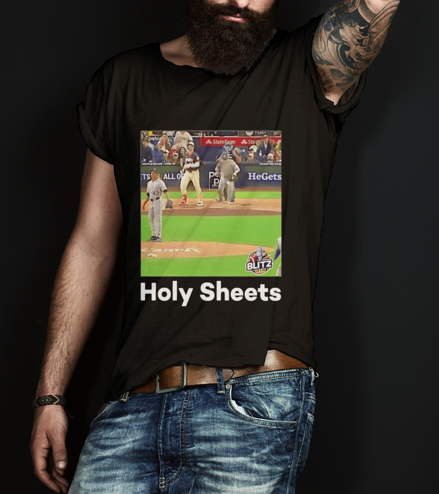 Mason Miller Holy Sheets Blitz Sports MLB HeGets State Farm Waffle Beanie T-Shirt