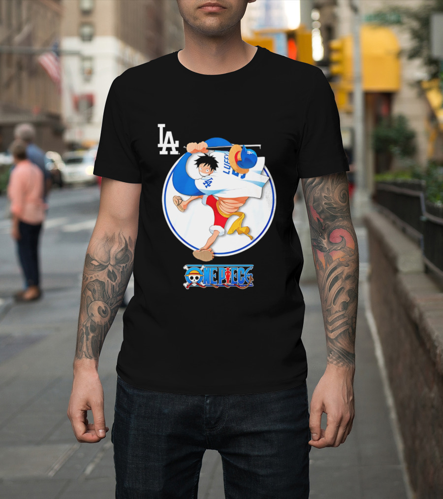 Los Angeles Dodgers Luffy OnePiece Collaboration With LA Logo And One Piece Branding T-Shirt