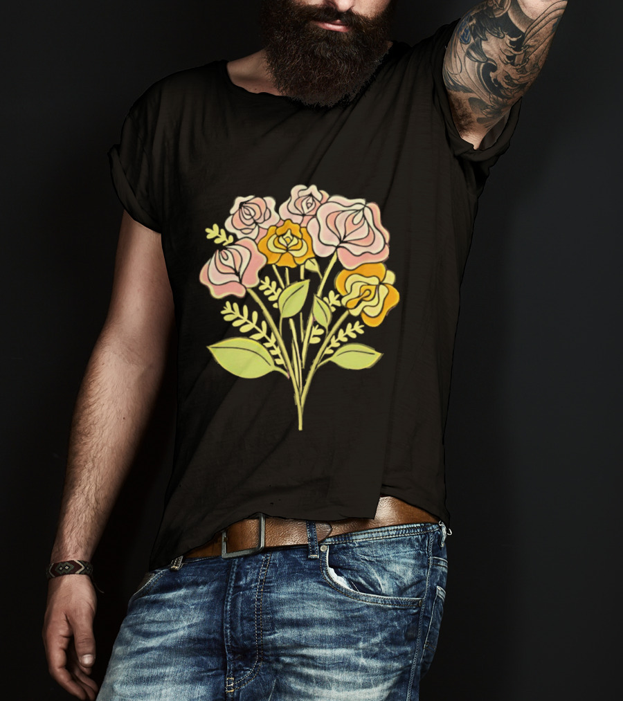 Pink Roses Yellow Roses Leaves Stems Bloom Blossom Petal Flower Plant T-Shirt