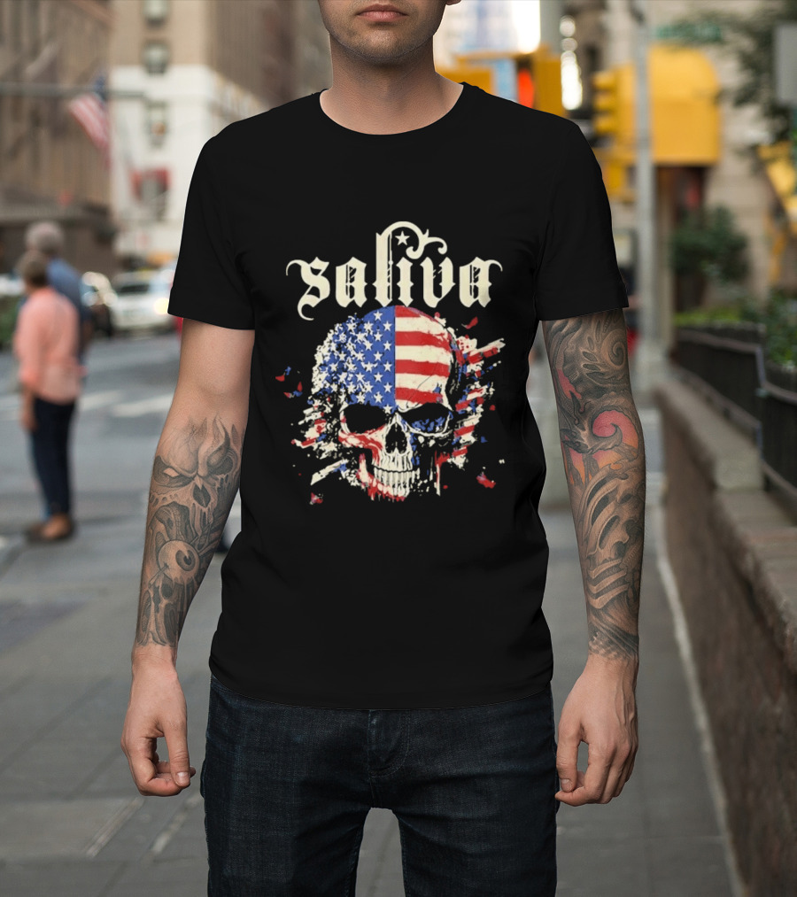 Saliva Click Click Boom Skull American Flag Grunge T-Shirt