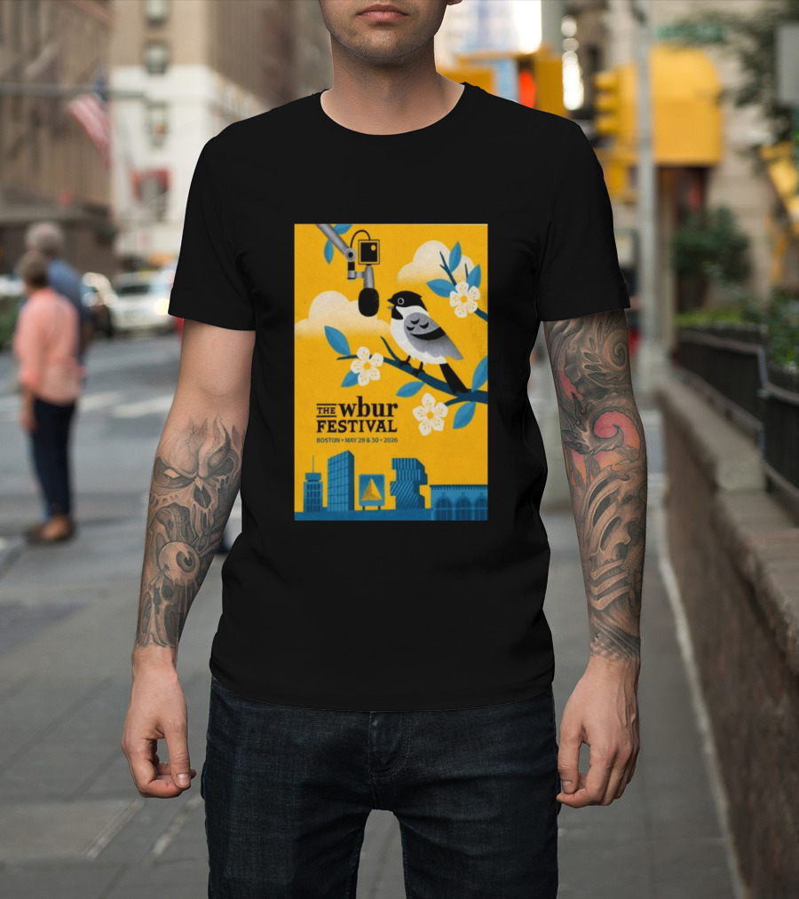 The Wbur Festival Boston 2026 Yellow Bird Microphone Urban Skyline T-Shirt