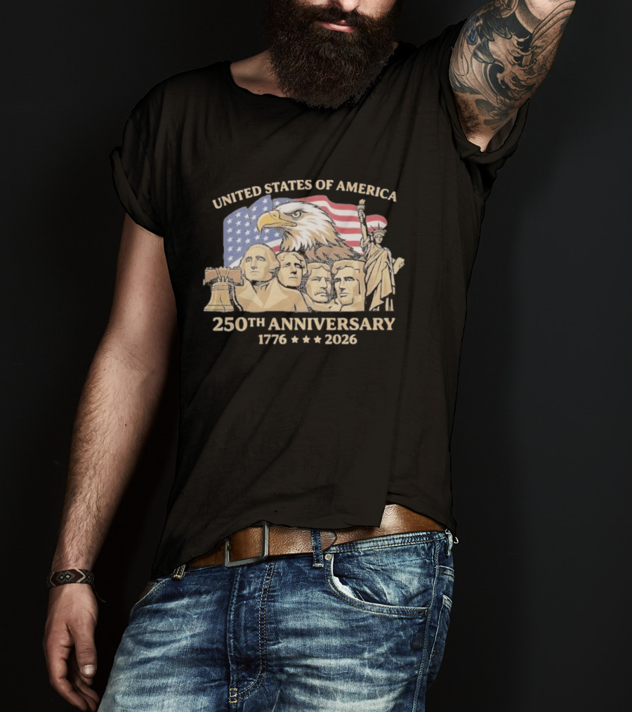 United States Of America 250th Anniversary 1776 2026 Patriotic Bald Eagle Liberty Bell Mount Rushmore Statue Of Liberty T-Shirt