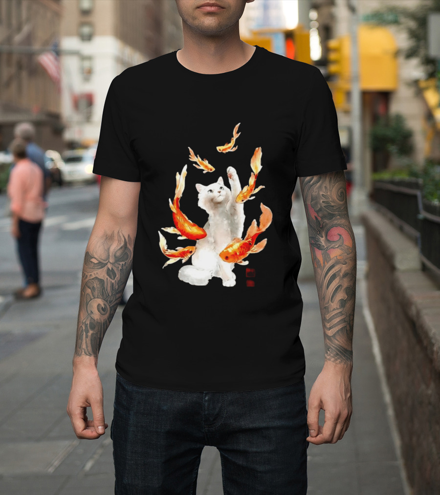 Playful White Cat Surrounded By Goldfish T-Shirt