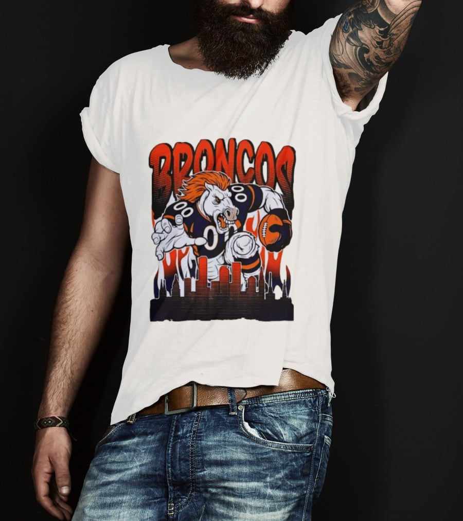 Denver Broncos Football Bronco Running Horse Skyline T-Shirt