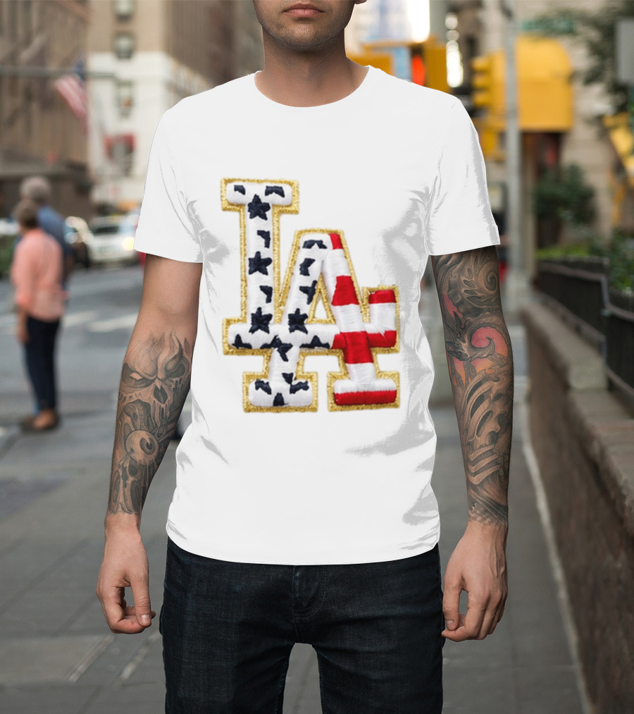 Dodgers LA 250th Anniversary Stars And Stripes Gold Trim Patch T-Shirt