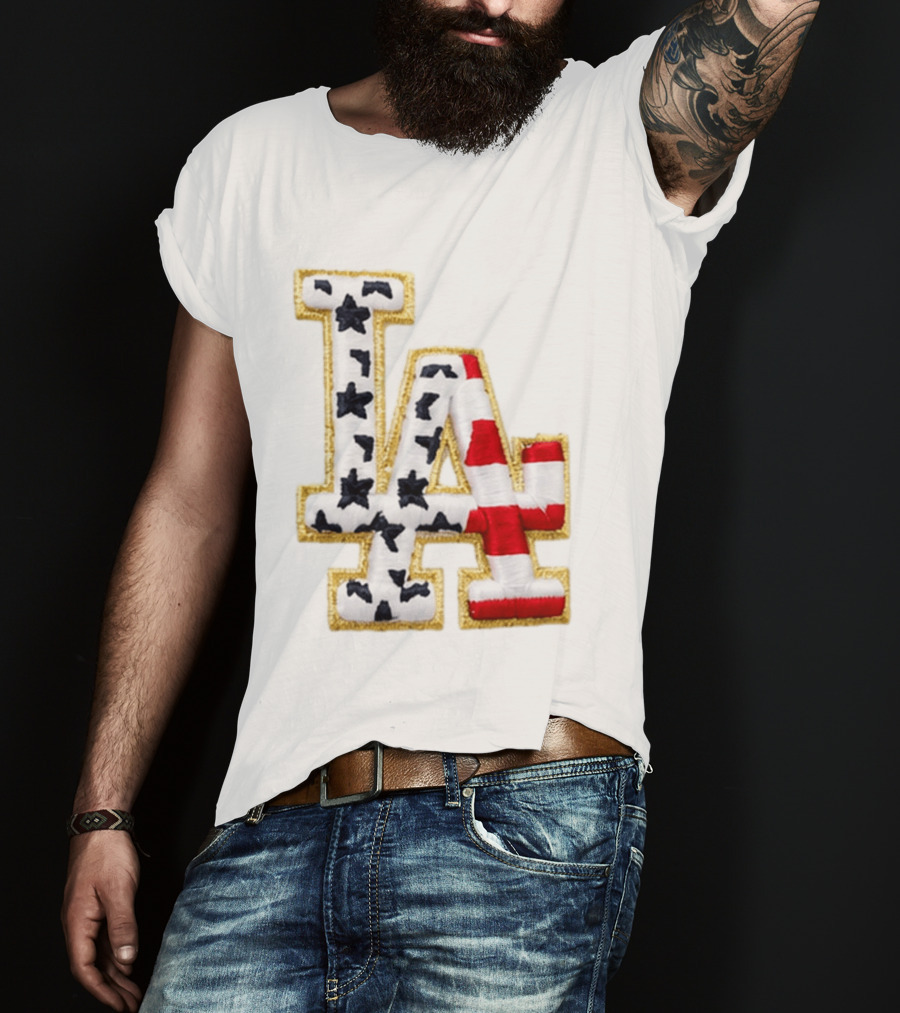 Dodgers LA 250th Anniversary Stars And Stripes Gold Trim Patch T-Shirt