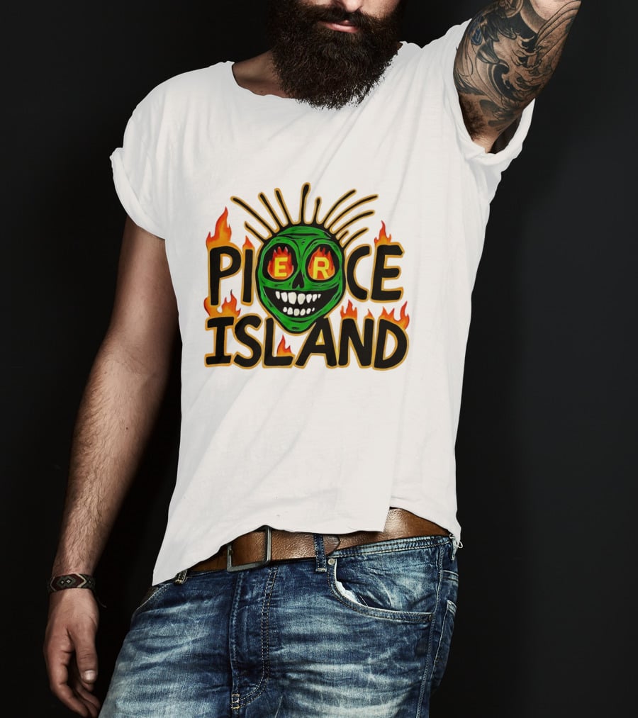 Pierce Island Green Skull Flames Spooky Island T-Shirt