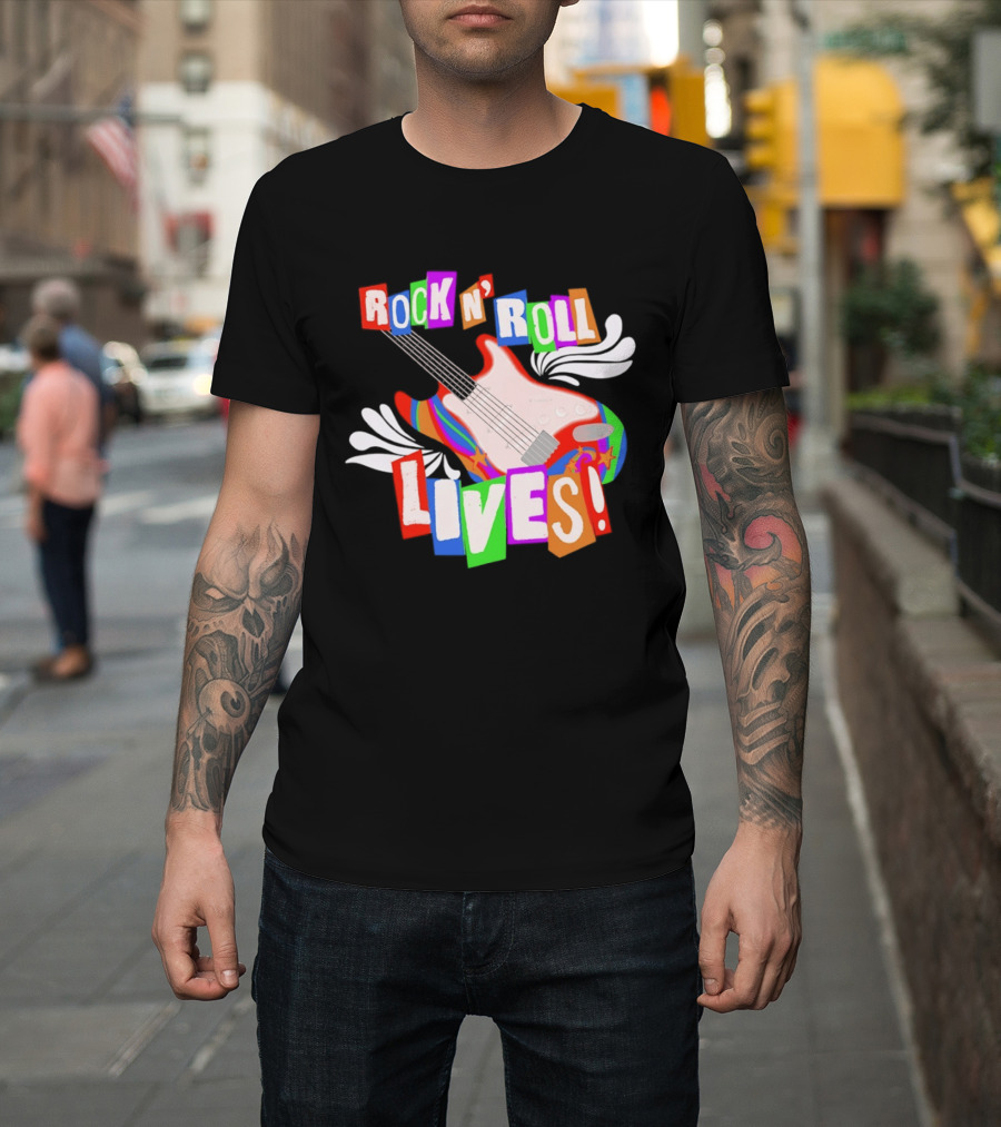 Rock N' Roll Lives Colorful Electric Guitar T-Shirt