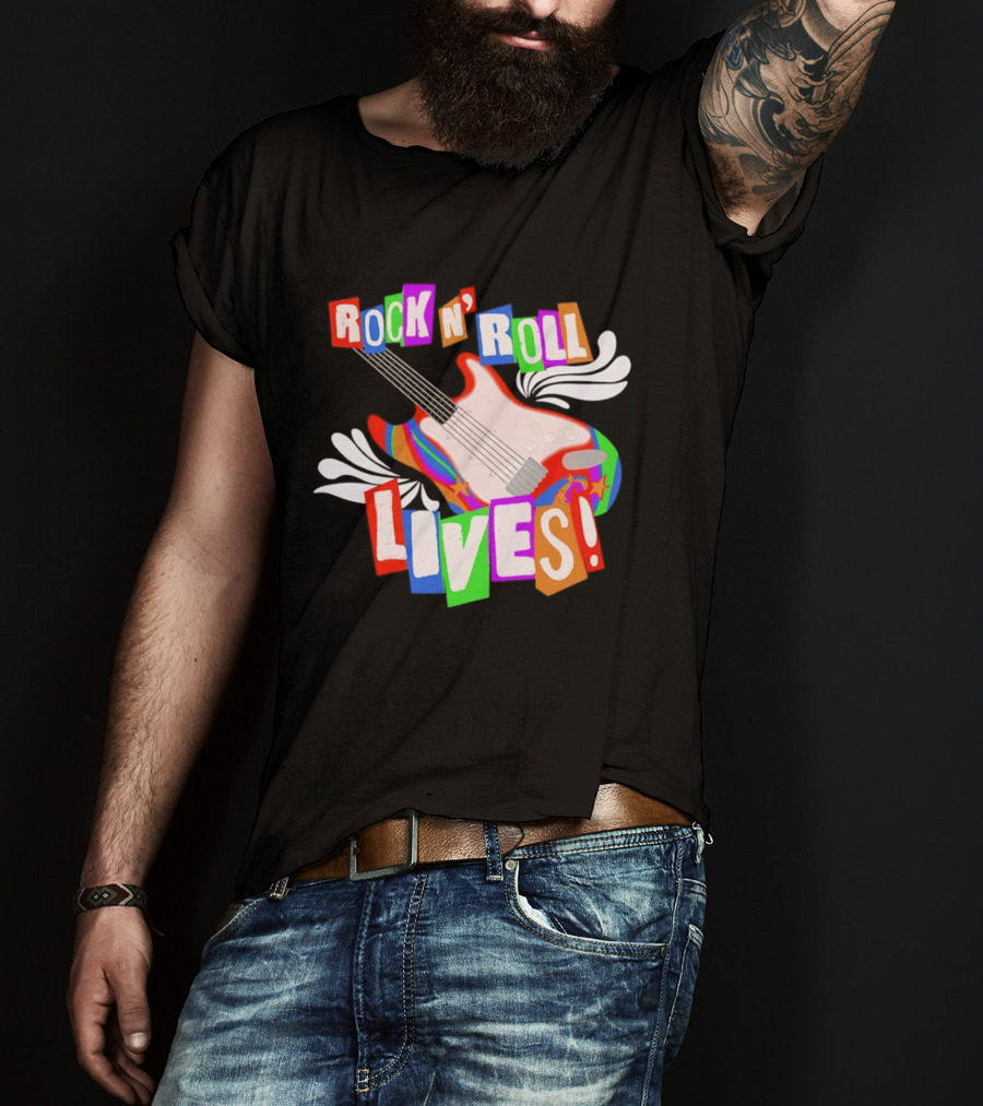 Rock N' Roll Lives Colorful Electric Guitar T-Shirt