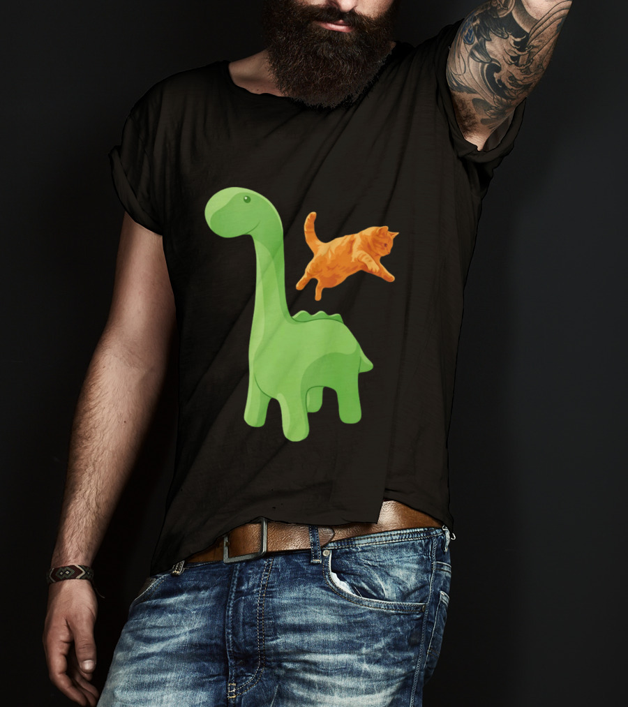 Cat Jumping Over Green Dinosaur Cartoon Image T-Shirt
