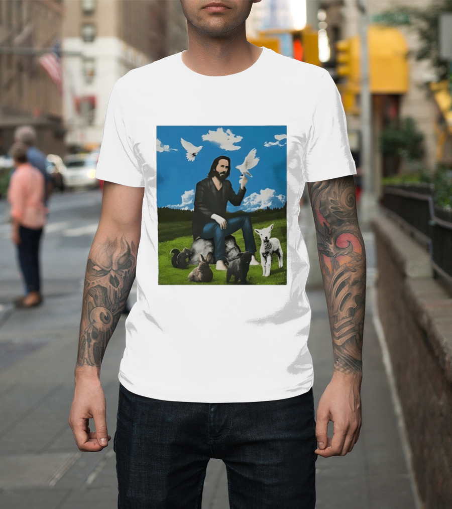 Keanu Reeves Peaceful Meadow With Animals And Doves T-Shirt