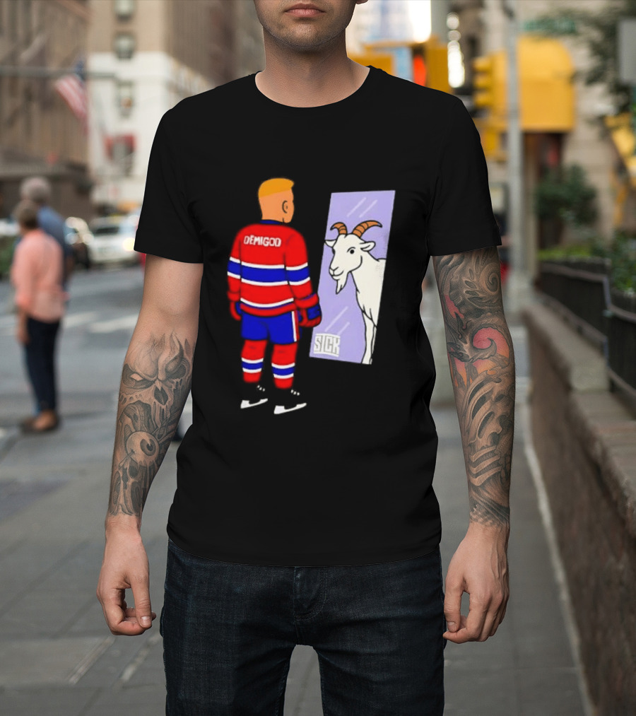 Demigod Hockey Player Looking In Mirror With Goat Reflection T-Shirt