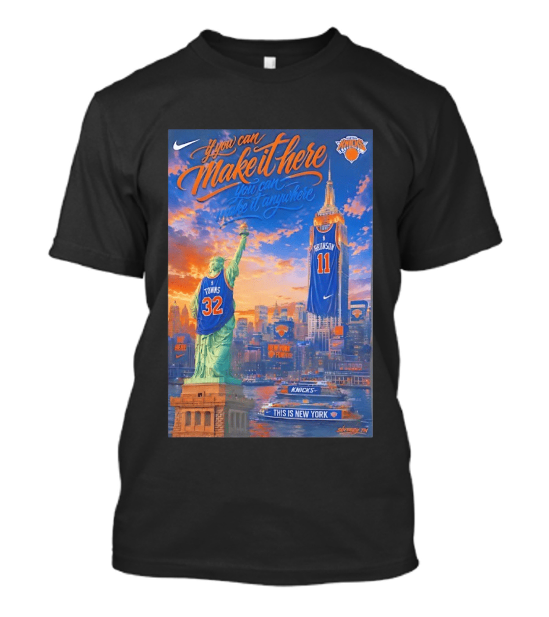 If You Can Make It Here New York Knicks Brunson Towns Jersey Landmark Skyline T-Shirt