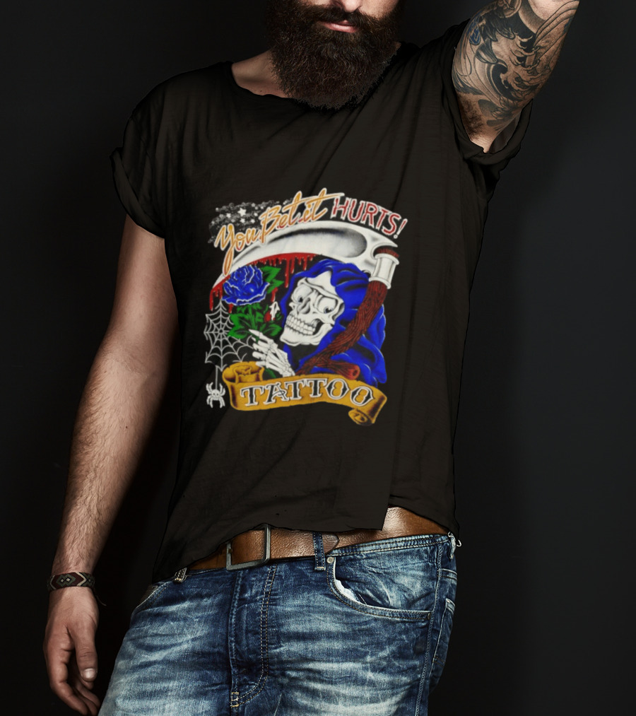 You Bet It Hurts Skeleton Rose Tattoo Spider Web T-Shirt