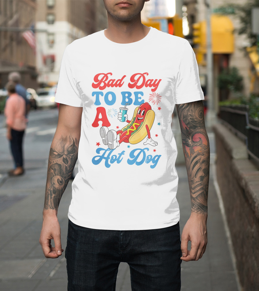 Bad Day To Be A Hot Dog Cool Cartoon Character With Drink T-Shirt