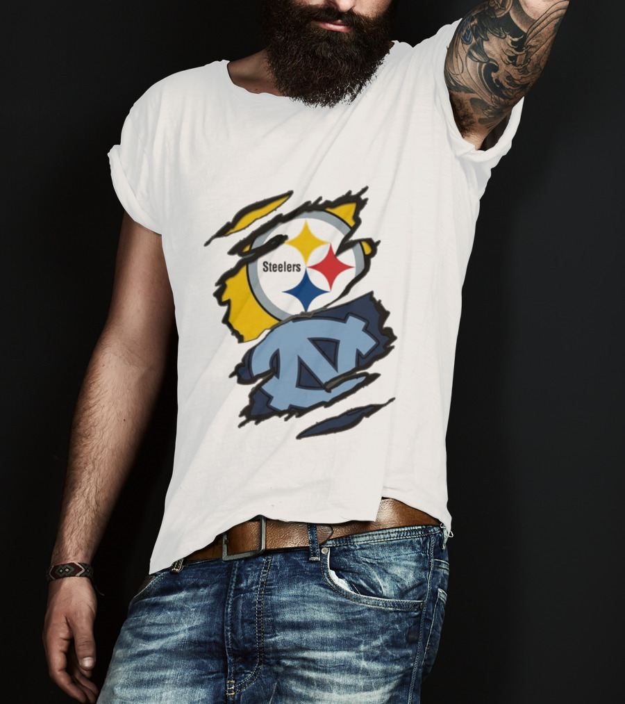 Pittsburgh Steelers UNC Tar Heels Ripped Metal Effect Logo Fusion T-Shirt
