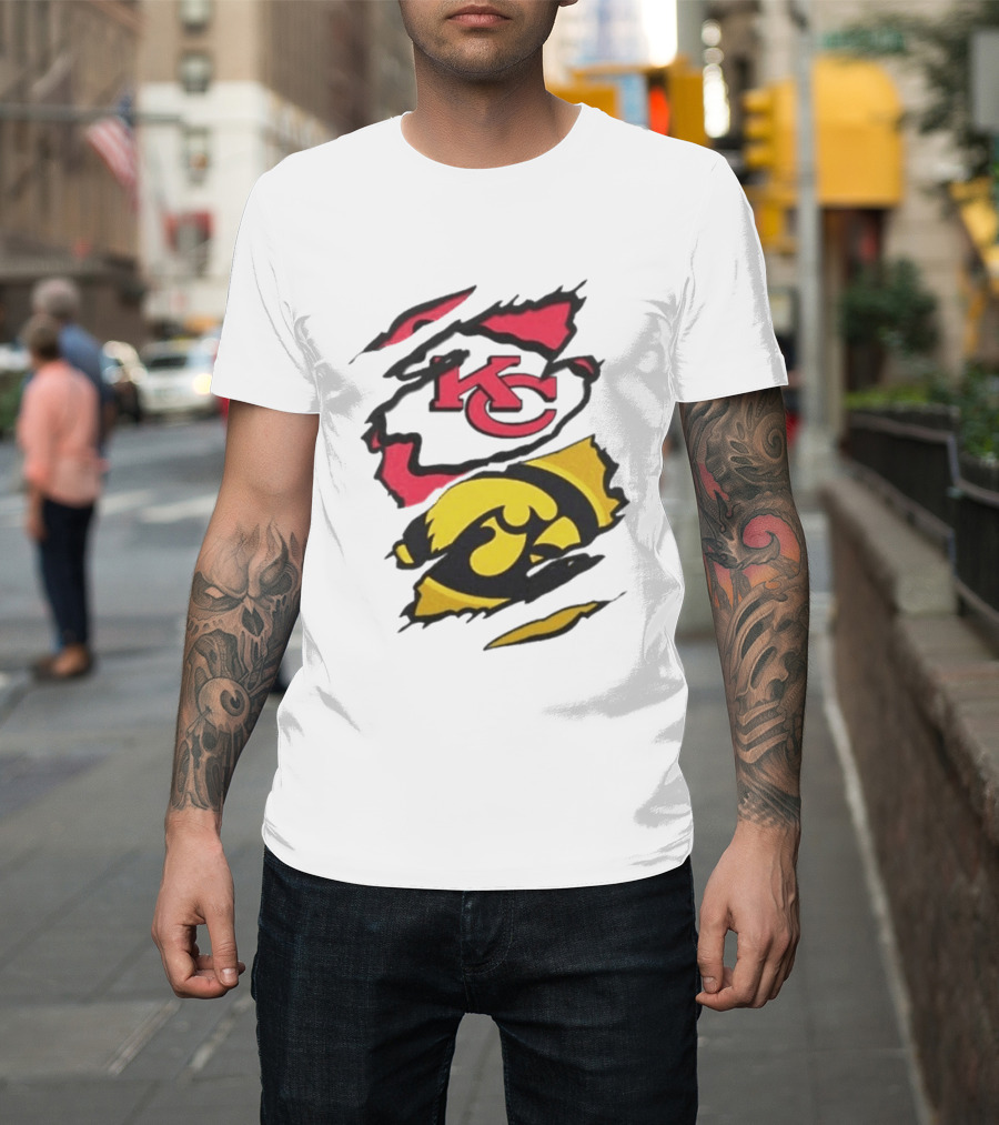 Kansas City Chiefs Iowa Hawkeyes Torn Paper KC Hawkeye Logo Mix T-Shirt