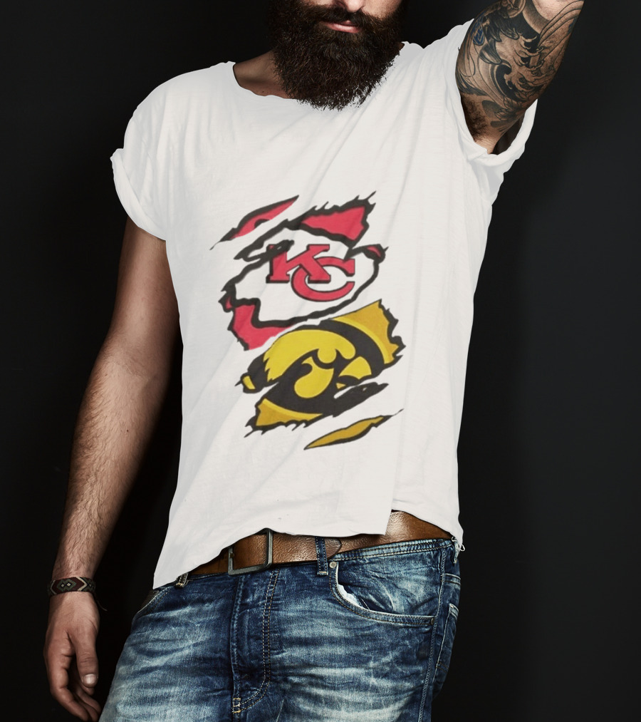 Kansas City Chiefs Iowa Hawkeyes Torn Paper KC Hawkeye Logo Mix T-Shirt