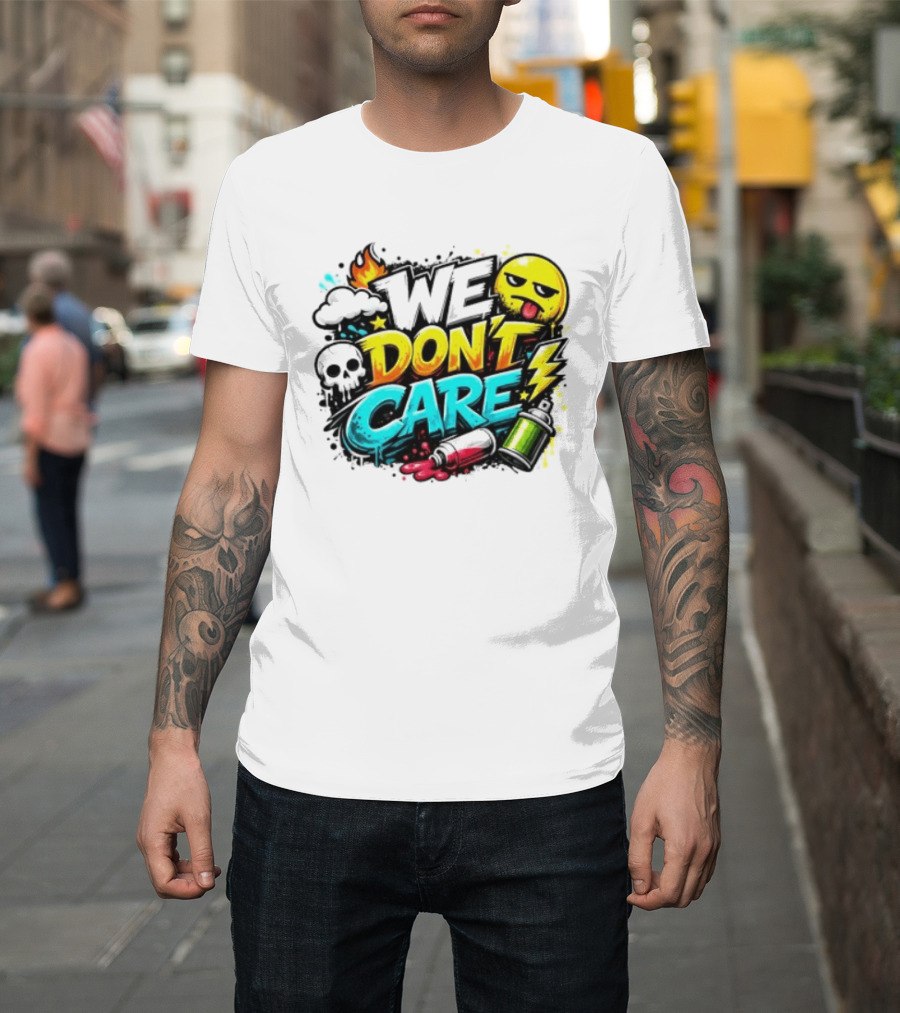 We Don't Care Graffiti Emojis Fire Cloud Lightning Skull T-Shirt
