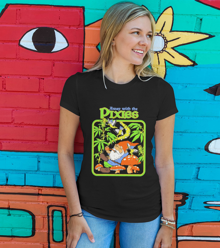 Away With The Pixies Gnome Smoking Cannabis Mushroom Fantasy Scene T-Shirt