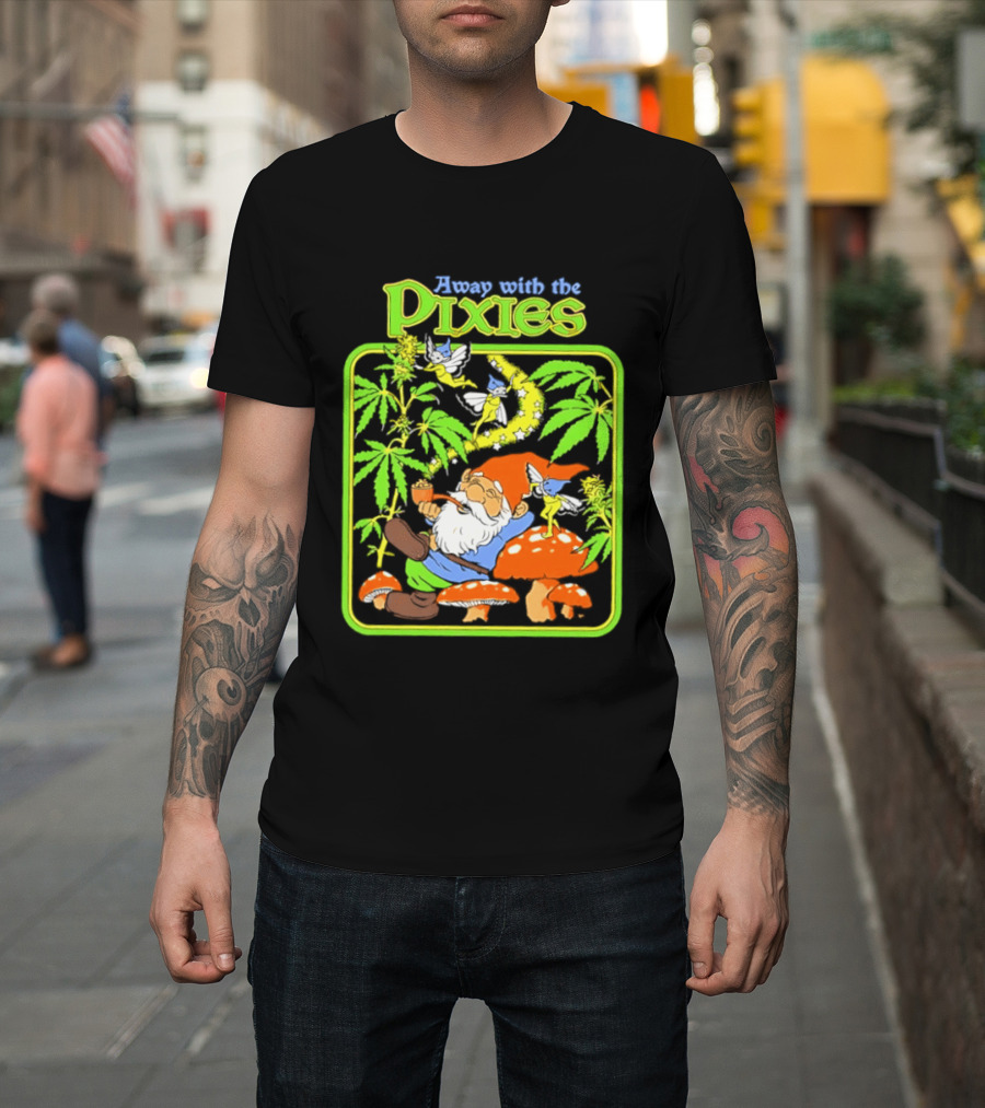 Away With The Pixies Gnome Smoking Cannabis Mushroom Fantasy Scene T-Shirt