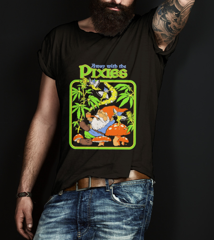 Away With The Pixies Gnome Smoking Cannabis Mushroom Fantasy Scene T-Shirt