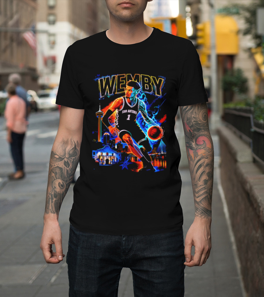 Wemby San Antonio Spurs Basketball Player Half Alien City Skyline T-Shirt