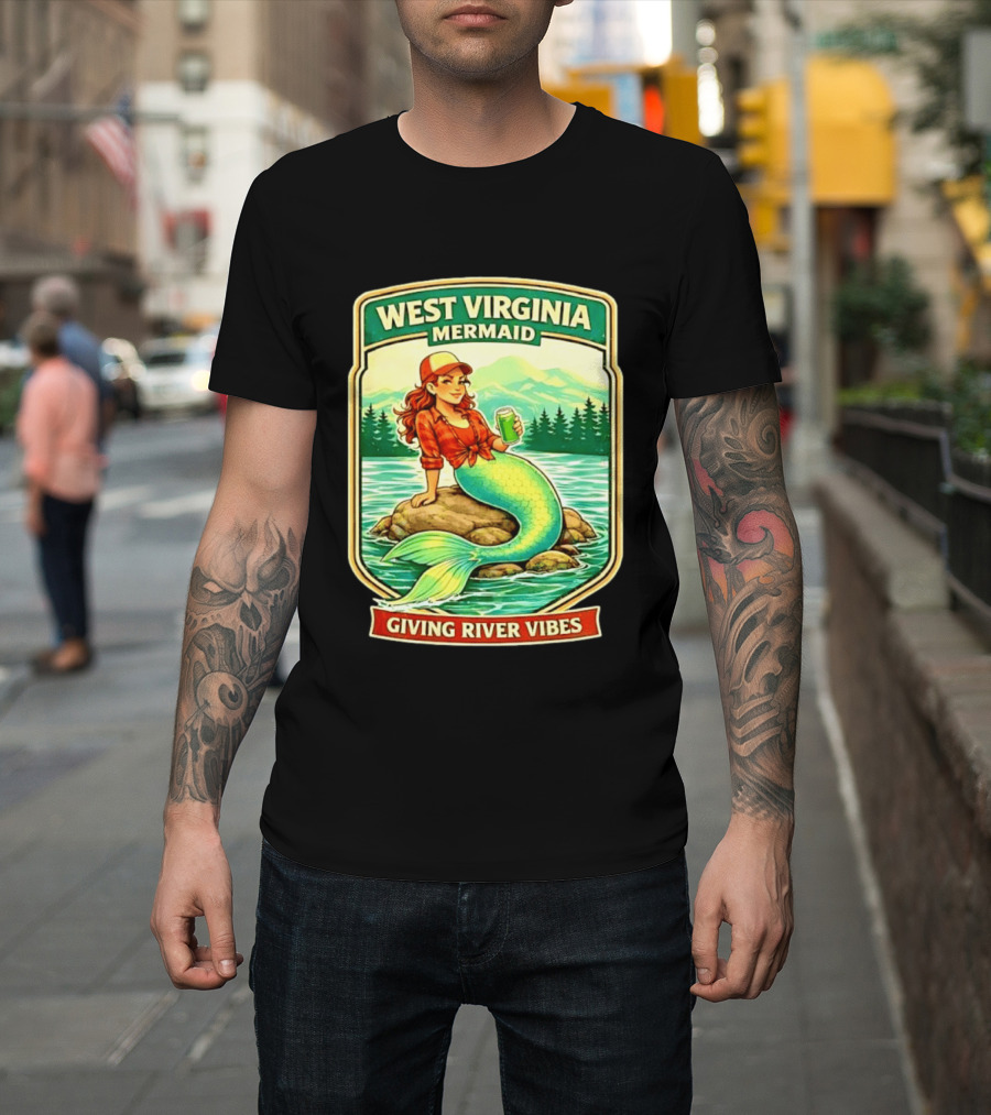 West Virginia Mermaid Giving River Vibes Green Tail Red Hat T-Shirt