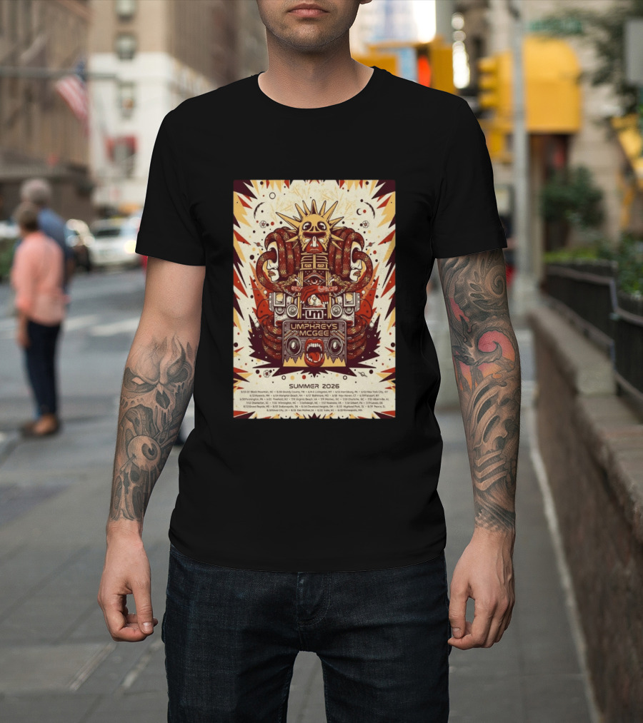 Umphrey's McGee Summer 2026 Tour Dates With Unique Symbolic Artwork And Sun Motif T-Shirt