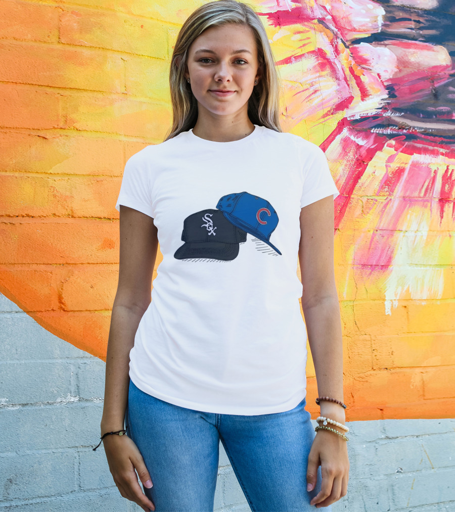 Chicago White Sox Black Hat And Chicago Cubs Blue Cap Baseball Fan Collection T-Shirt