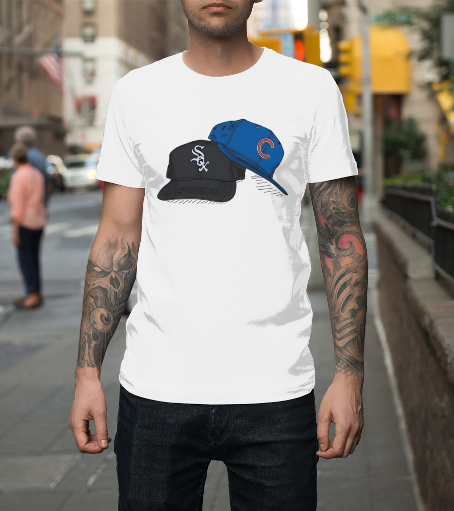 Chicago White Sox Black Hat And Chicago Cubs Blue Cap Baseball Fan Collection T-Shirt