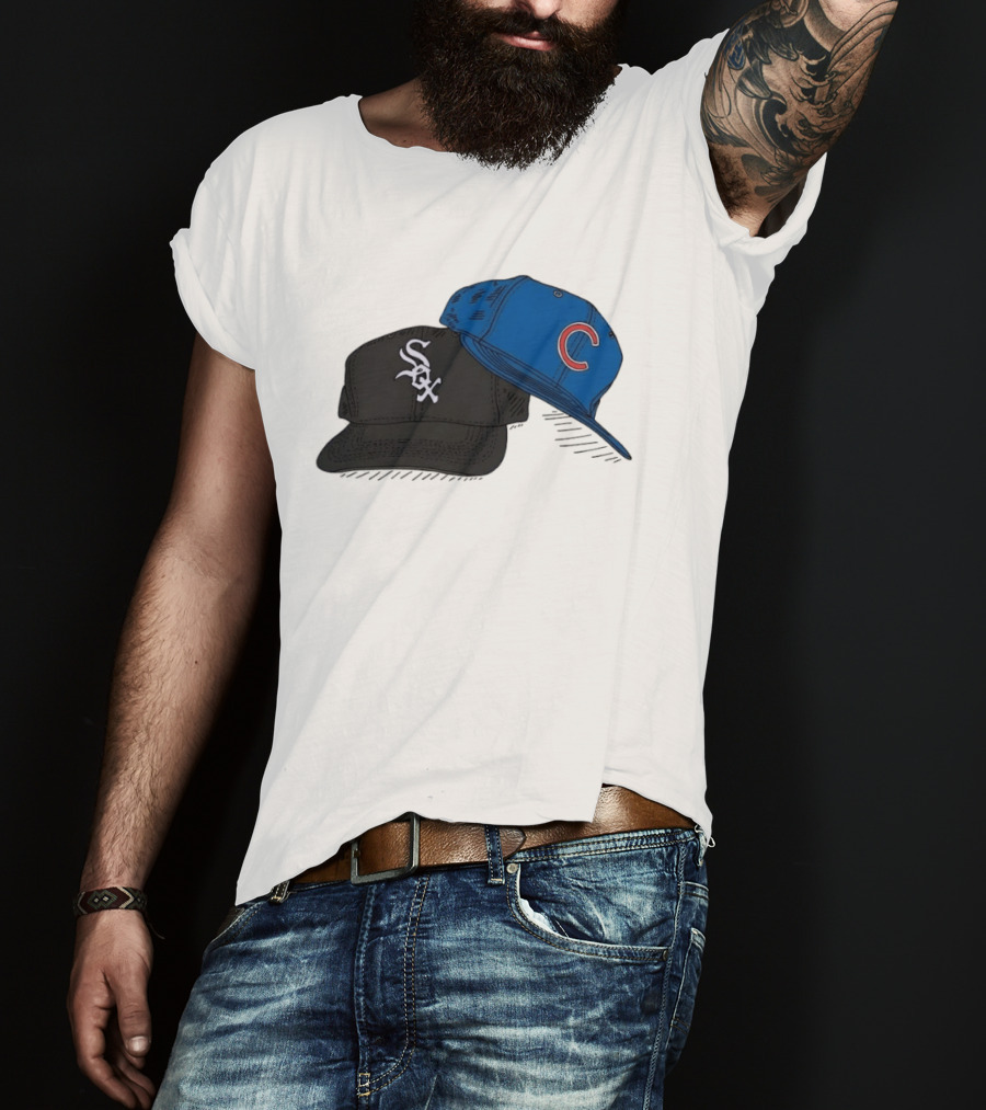 Chicago White Sox Black Hat And Chicago Cubs Blue Cap Baseball Fan Collection T-Shirt