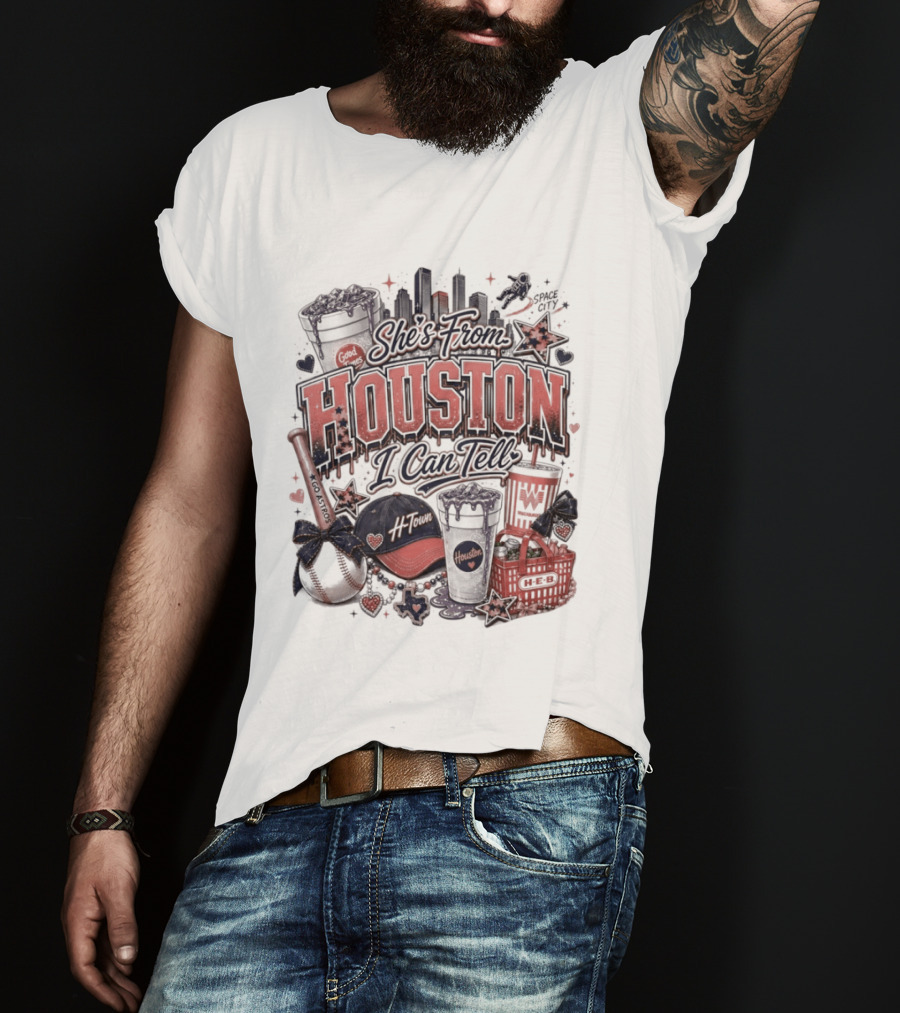 She's From Houston I Can Tell Astros Whataburger HEB Baseball Skyline T-Shirt