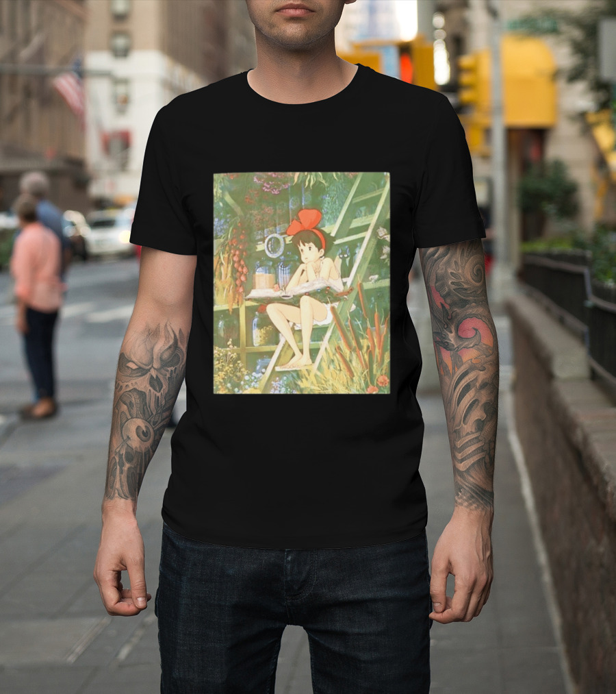 Kiki's Delivery Service Magic Book Cat And Botanical Greenhouse Scene T-Shirt