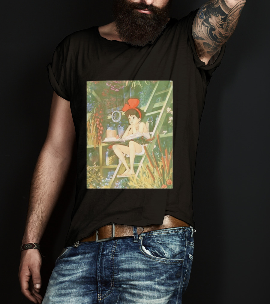 Kiki's Delivery Service Magic Book Cat And Botanical Greenhouse Scene T-Shirt
